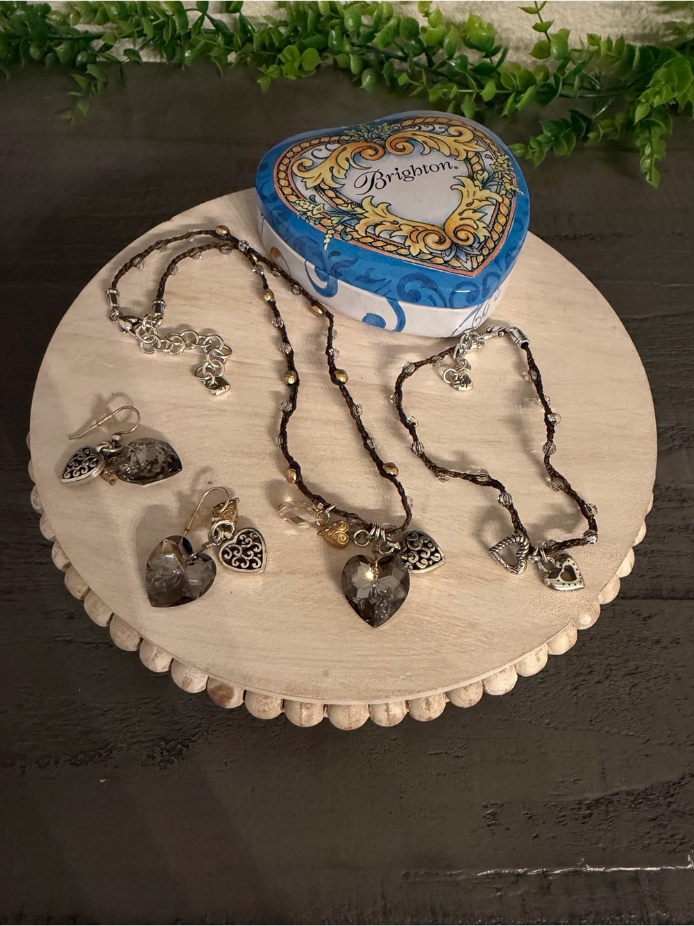 Brighton Smoky Crystal Heart Necklace and Earrings Set - Gray and Silver